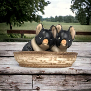 Pigs In A Basket Figurine Signed M. Takai Japan Porcelain Black White Pigs Vtg